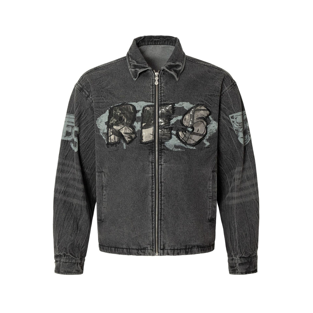 Embroidered Denim Motorcycle Jacket
