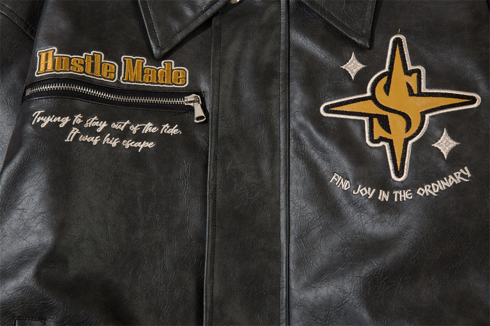 EuroAmer Embroidered Lapel Leather Coat