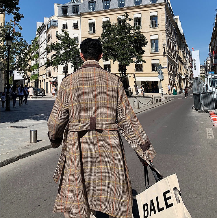 Striped wool and contrast woolen coat