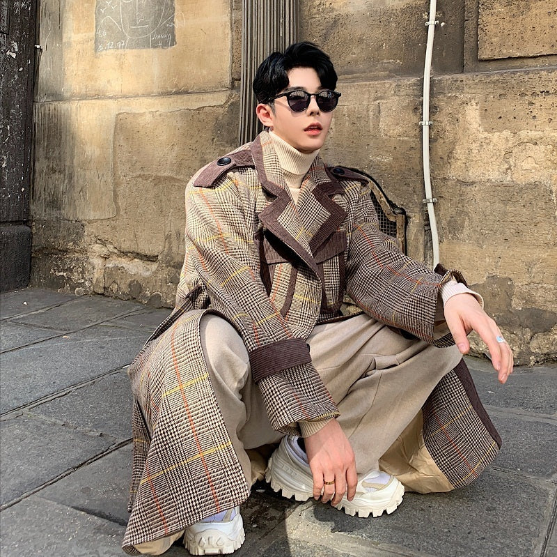 Striped wool and contrast woolen coat