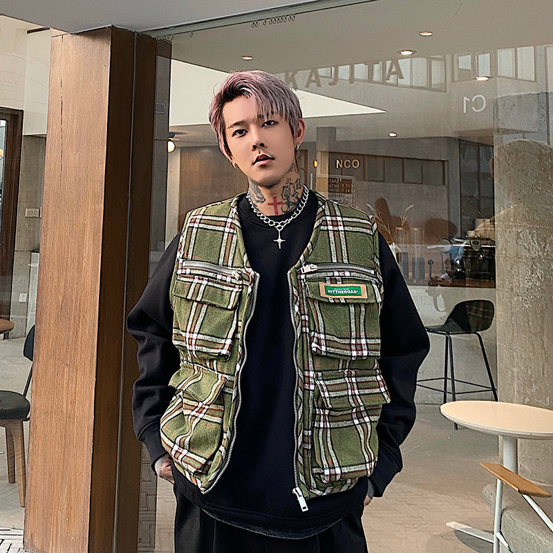 Green plaid hip-hop cardigan jacket