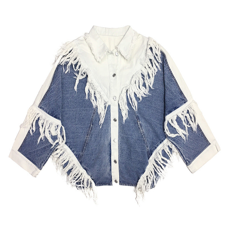 Color-blocking Fringed Denim Women's Loose Mid-length Style