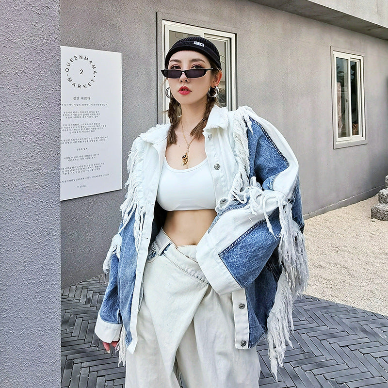 Color-blocking Fringed Denim Women's Loose Mid-length Style