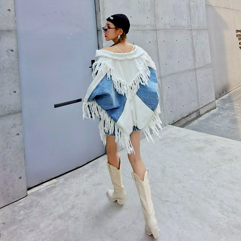 Color-blocking Fringed Denim Women's Loose Mid-length Style