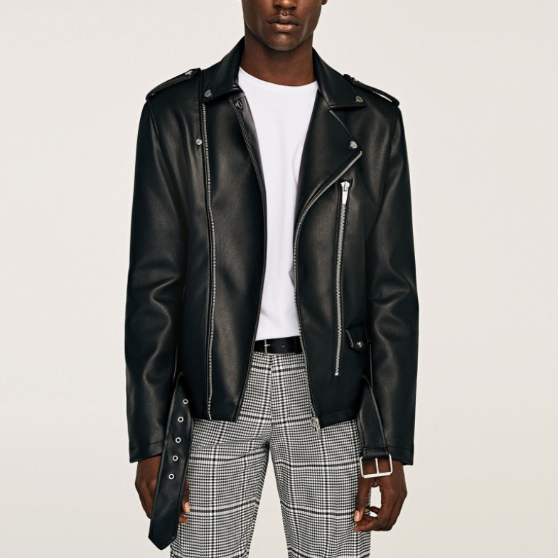 Small Lapel Belted Leather Motorcycle Jacket