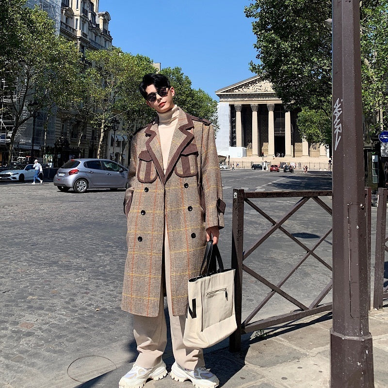 Striped wool and contrast woolen coat