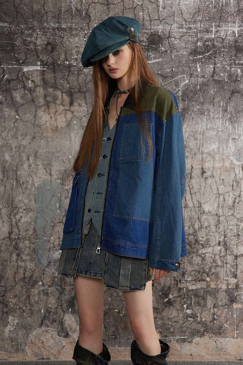 RustRebel Washed Distressed Patchwork Denim Jacket