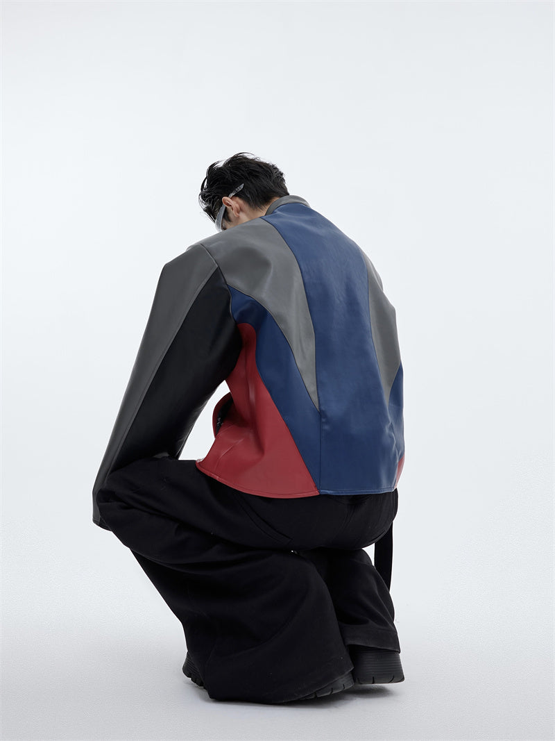 Color Spliced Leather Motorcycle Jacket