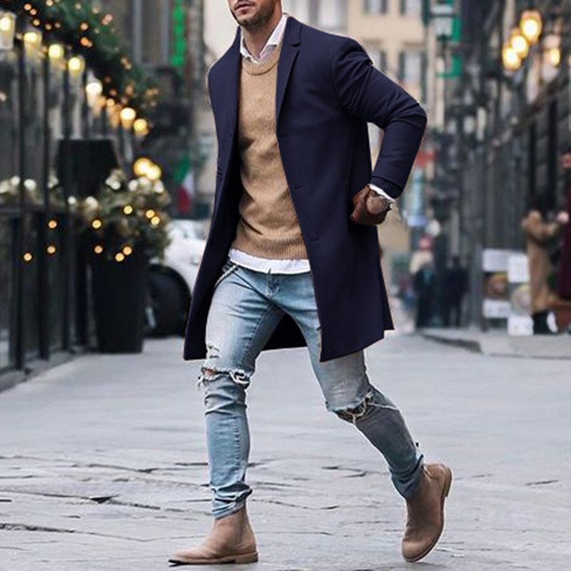 Fashion Winter Men's Trench Long Jackets Coats Overcoat Classic Jackets Solid Slim Fit Outwear Hombre Men Clothes
