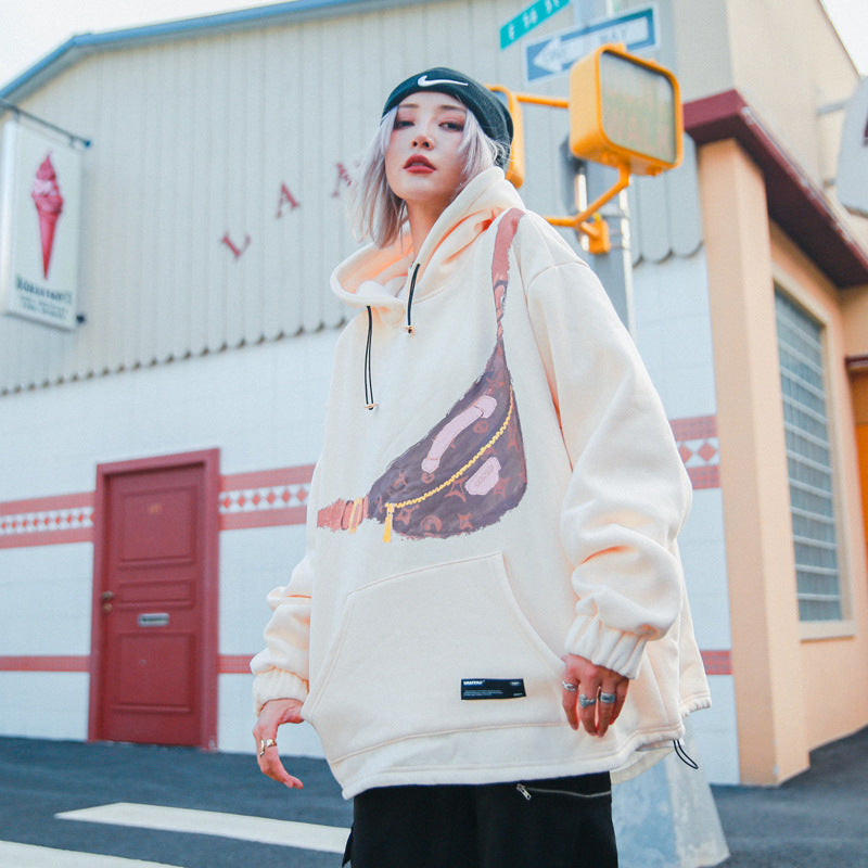 Hand-painted Oil Painting Single Chest Bag Printing Casual Hooded Plus Velvet Sweater