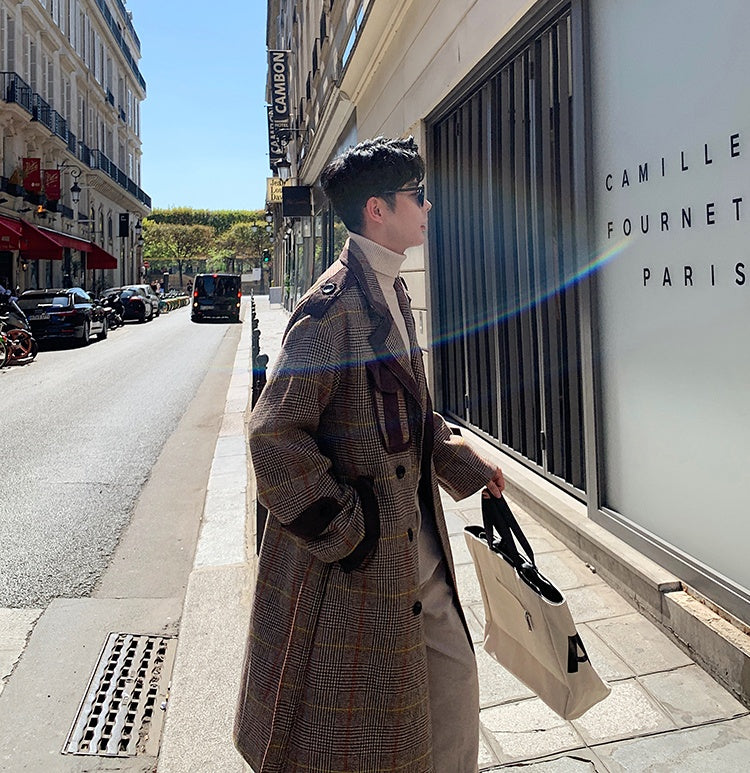 Striped wool and contrast woolen coat