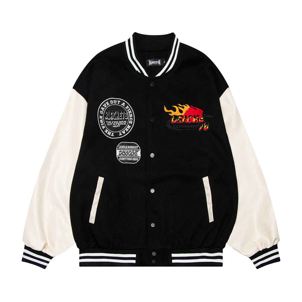 InfernoStitch Flame Embroidered Streetwear Varsity Jacket