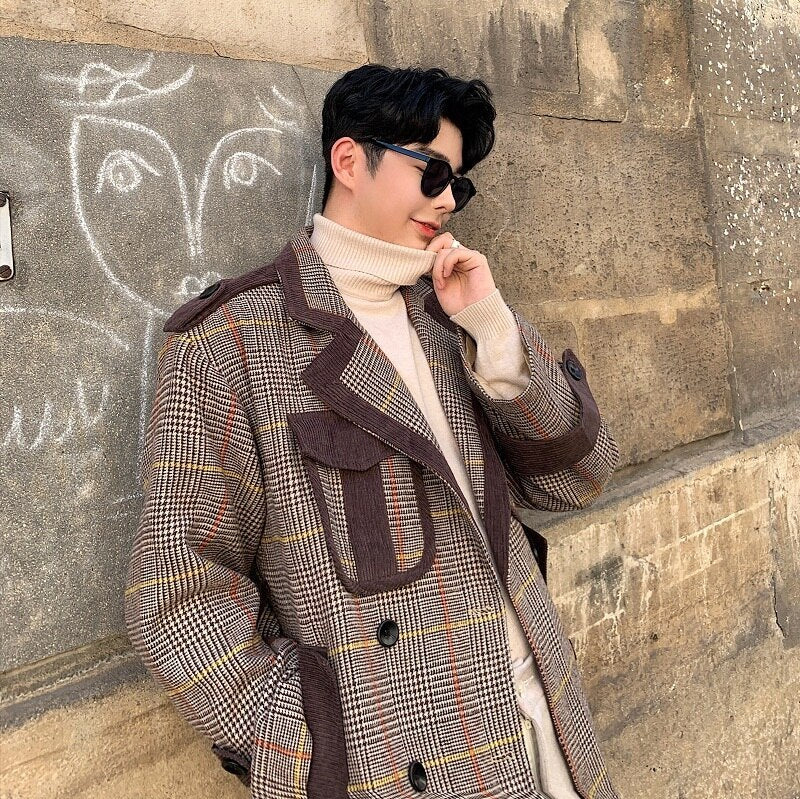 Striped wool and contrast woolen coat