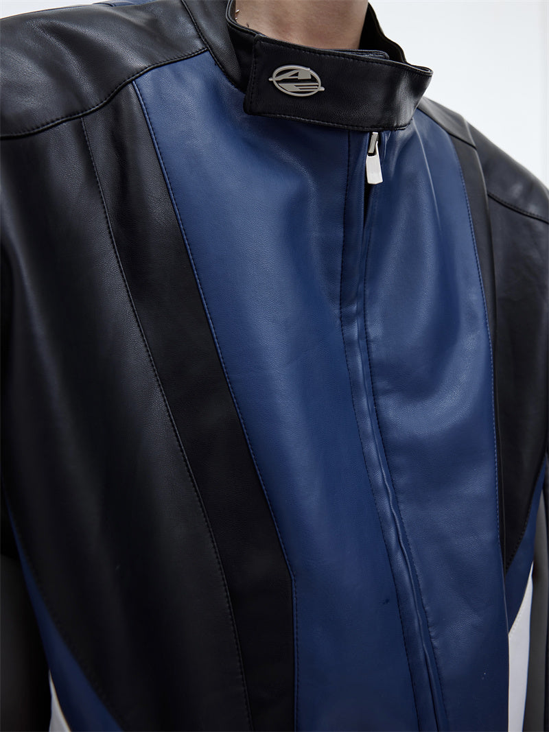 Color Spliced Leather Motorcycle Jacket