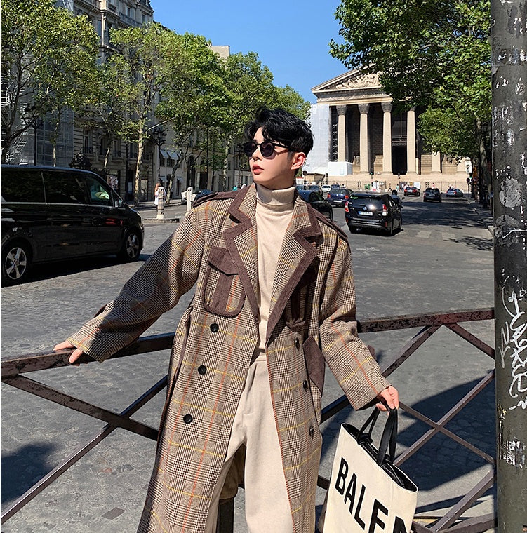 Striped wool and contrast woolen coat