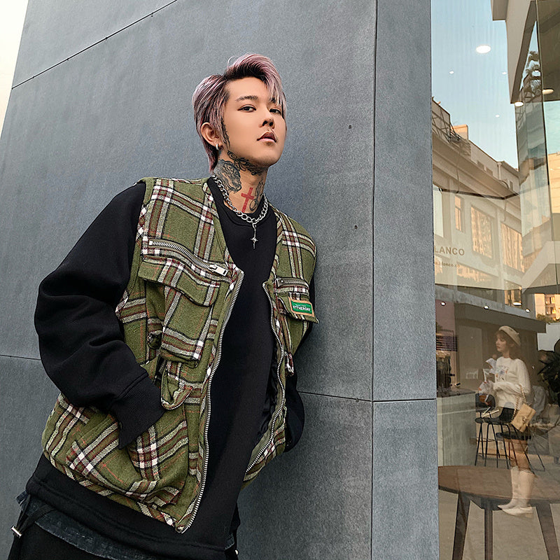 Green plaid hip-hop cardigan jacket