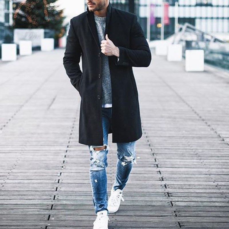 Fashion Winter Men's Trench Long Jackets Coats Overcoat Classic Jackets Solid Slim Fit Outwear Hombre Men Clothes