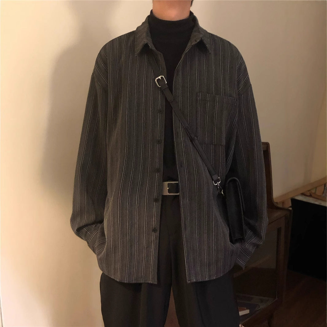 Men's Retro Loose-Fit Striped Long Sleeve Shirt