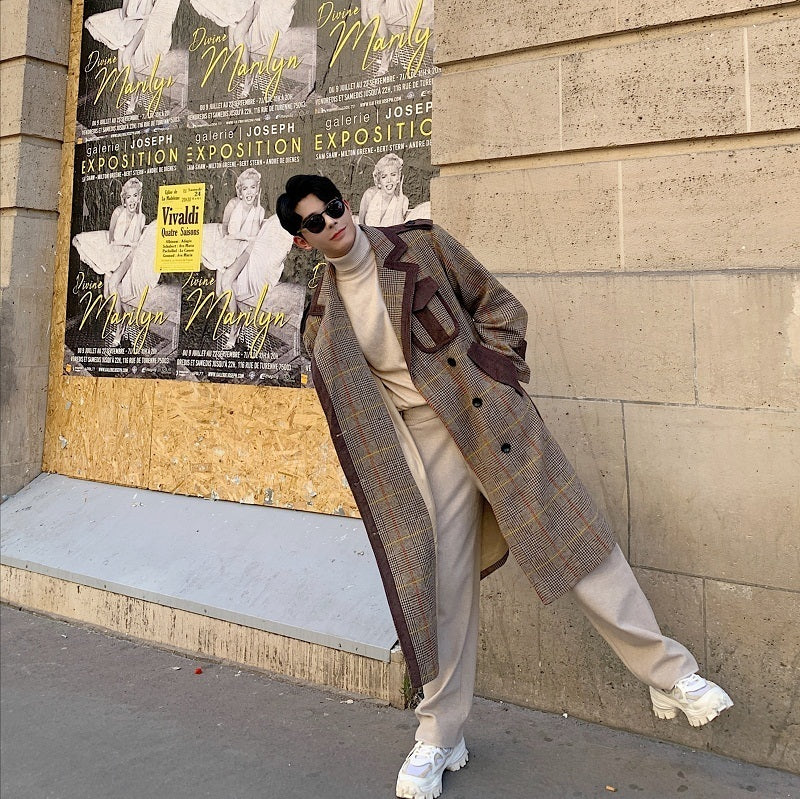 Striped wool and contrast woolen coat