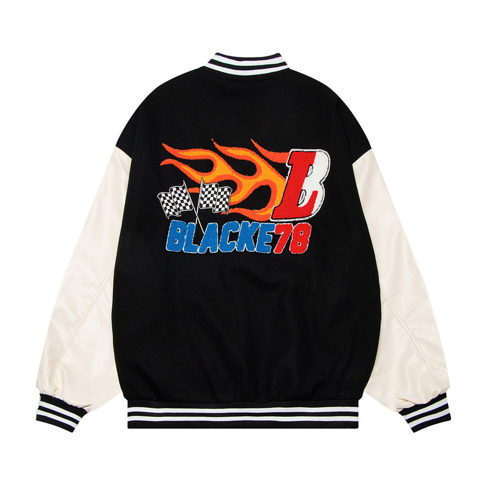 InfernoStitch Flame Embroidered Streetwear Varsity Jacket
