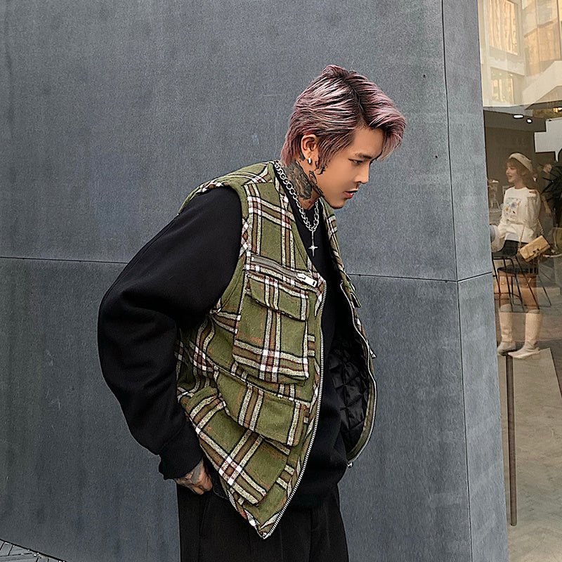 Green plaid hip-hop cardigan jacket