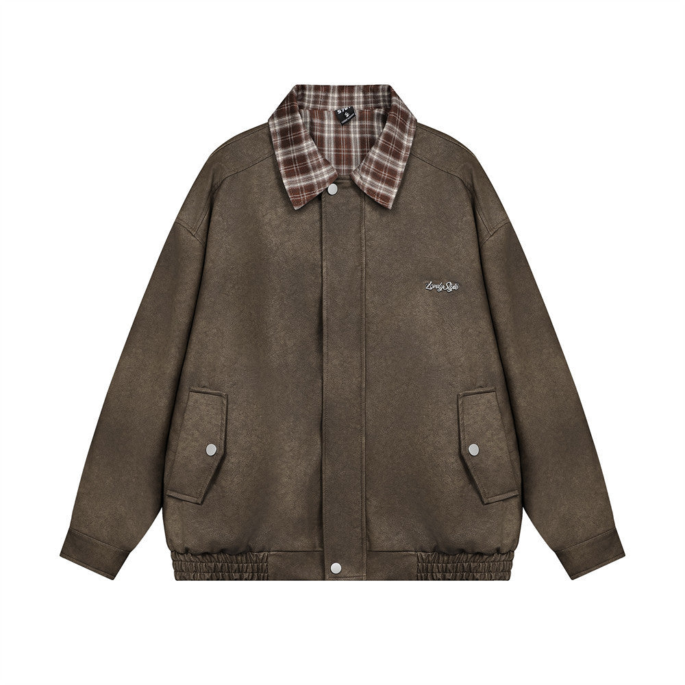 Vercanti Plaid-Stitch Heritage Leather Lapel Coat