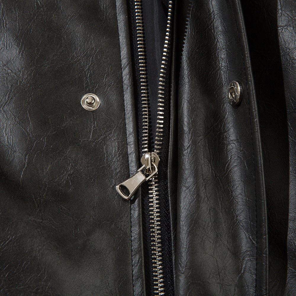 EuroAmer Embroidered Lapel Leather Coat