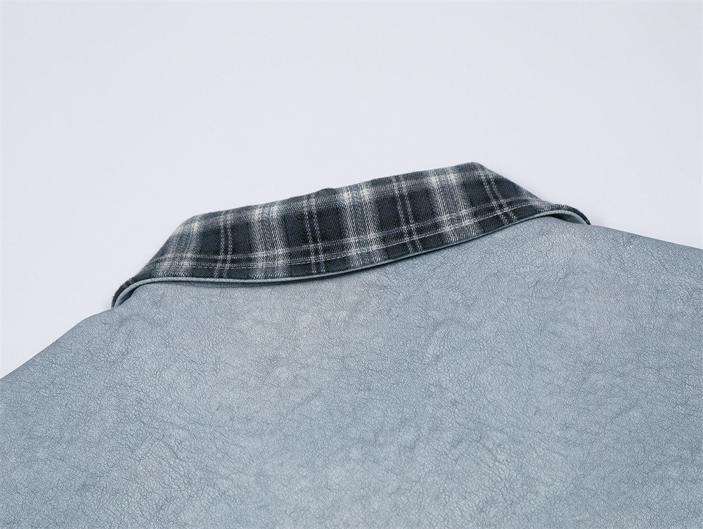 Vercanti Plaid-Stitch Heritage Leather Lapel Coat