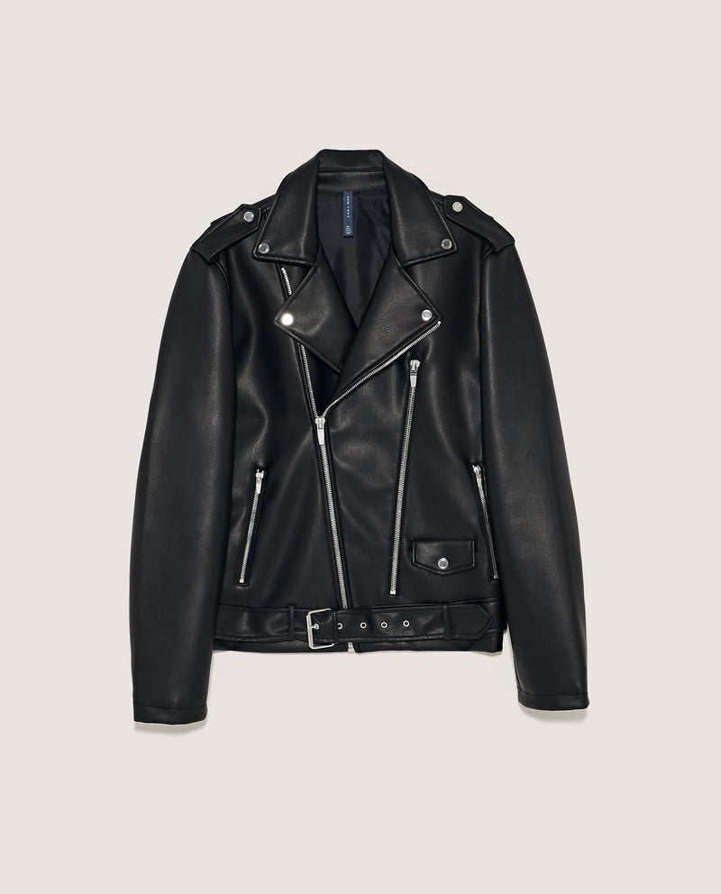 Small Lapel Belted Leather Motorcycle Jacket
