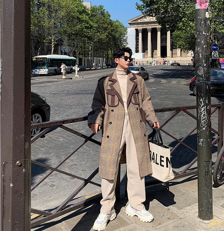 Striped wool and contrast woolen coat