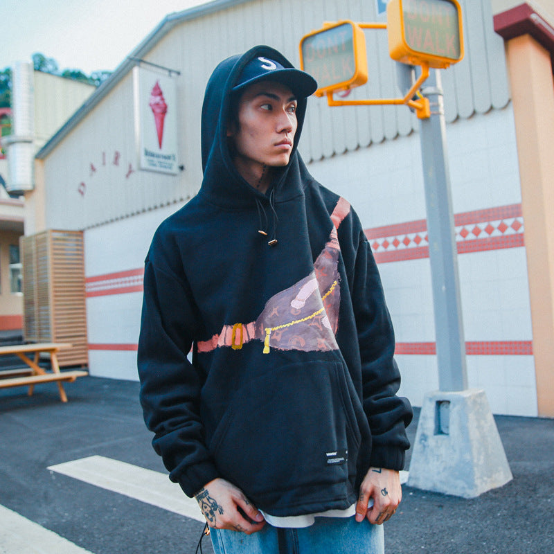 Hand-painted Oil Painting Single Chest Bag Printing Casual Hooded Plus Velvet Sweater