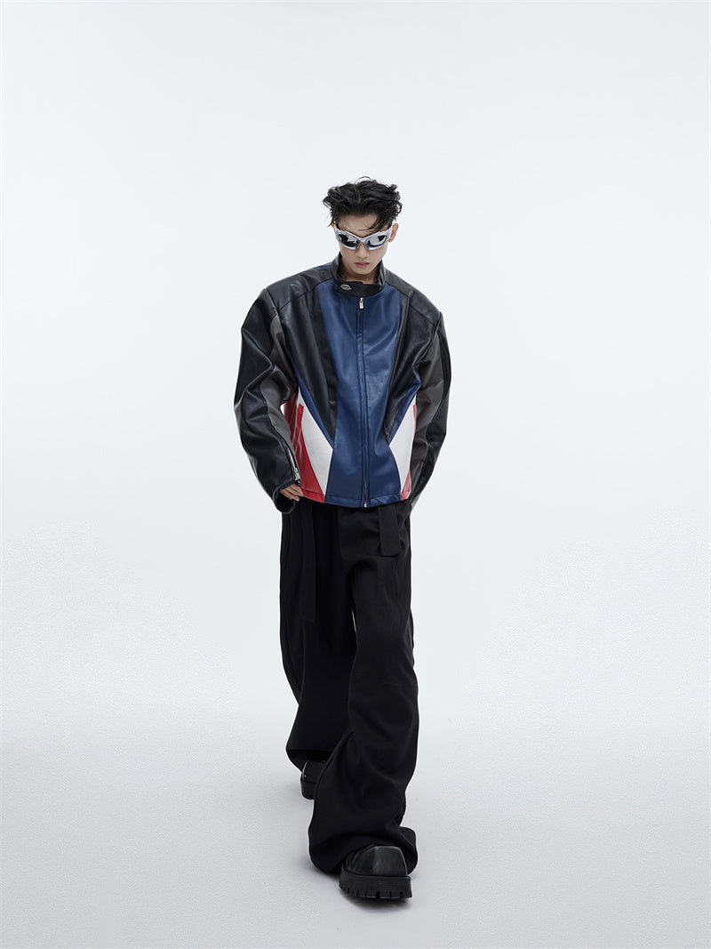 Color Spliced Leather Motorcycle Jacket
