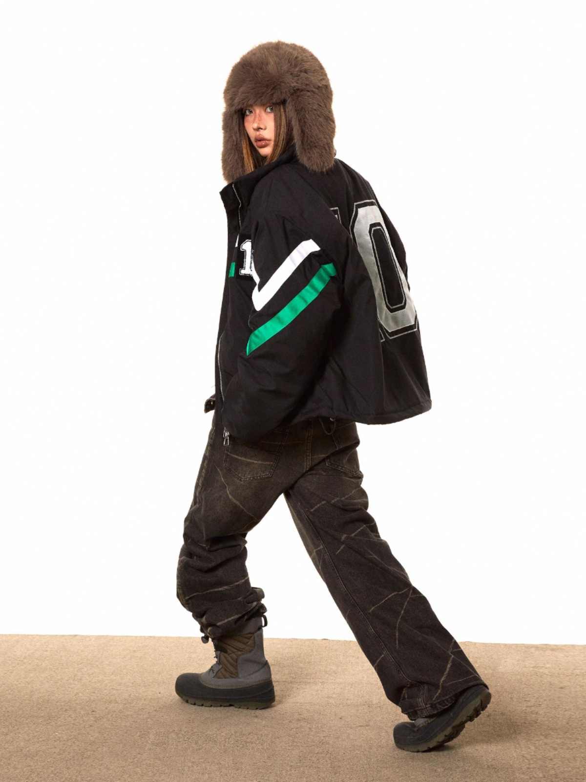 Contrast Striped Retro Puffer Coat