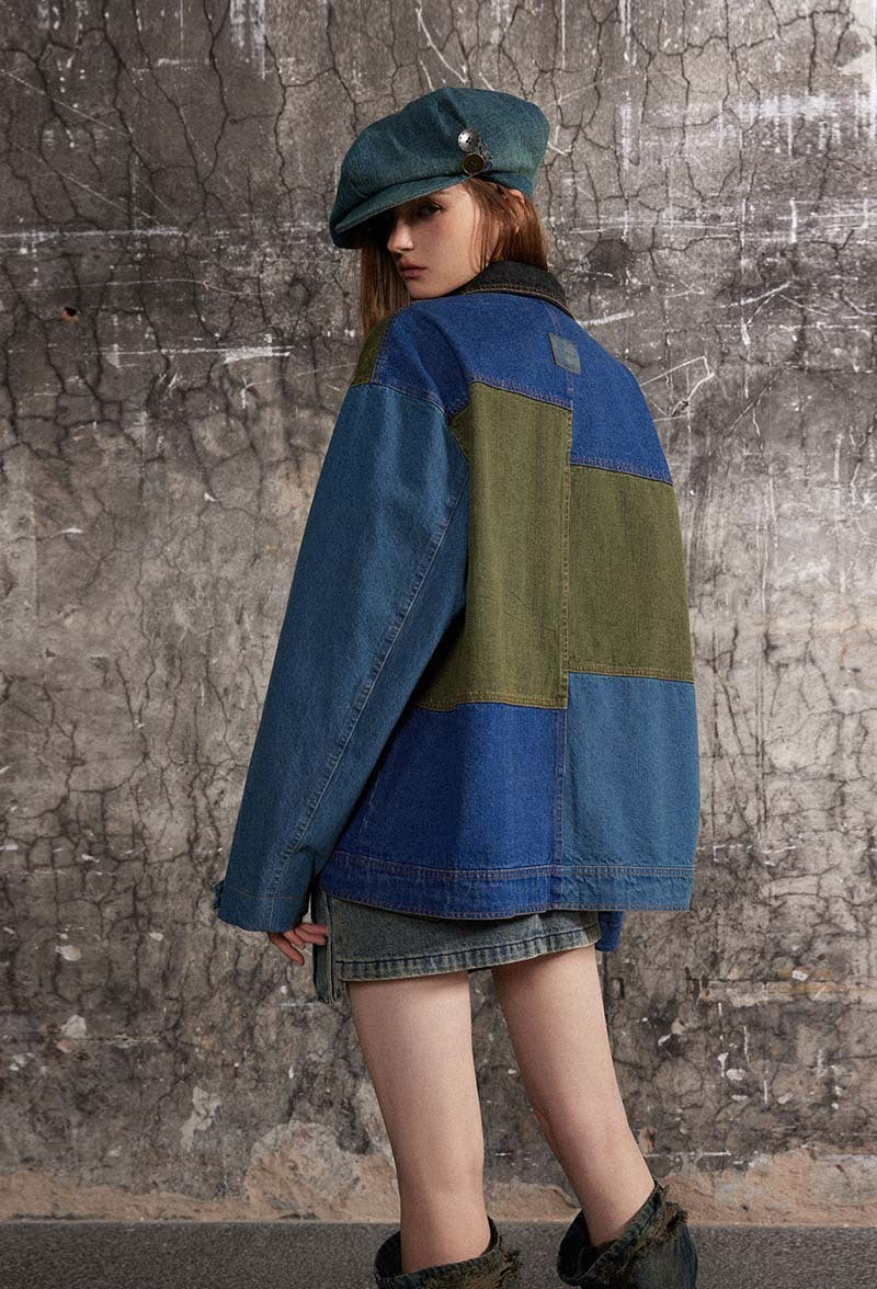 RustRebel Washed Distressed Patchwork Denim Jacket