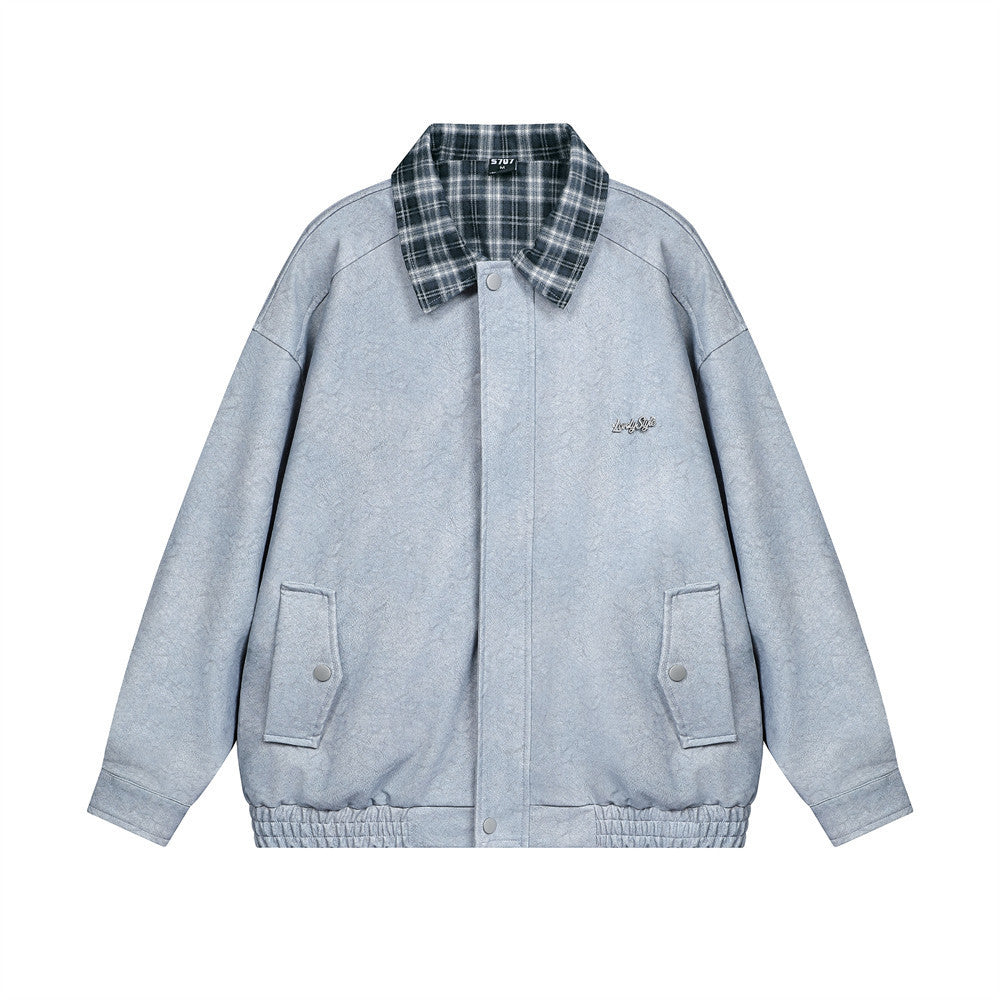 Vercanti Plaid-Stitch Heritage Leather Lapel Coat