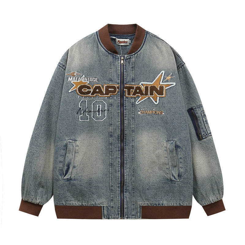 Embroidered Denim Baseball Jacket