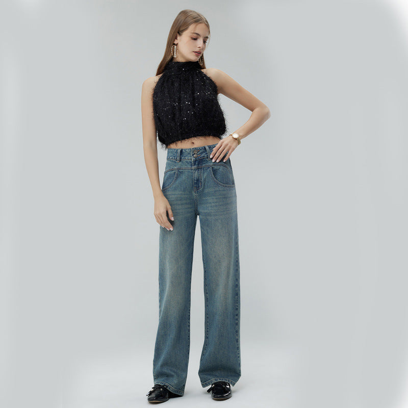 Women’s Retro High-Waist Distressed Wide-Leg Mop Pants
