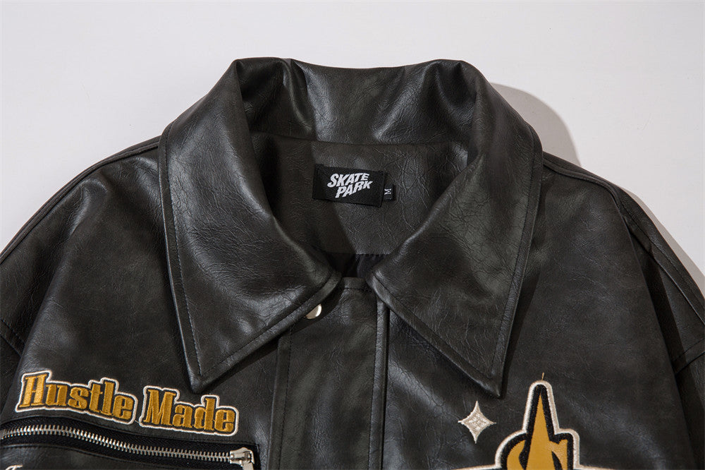 EuroAmer Embroidered Lapel Leather Coat