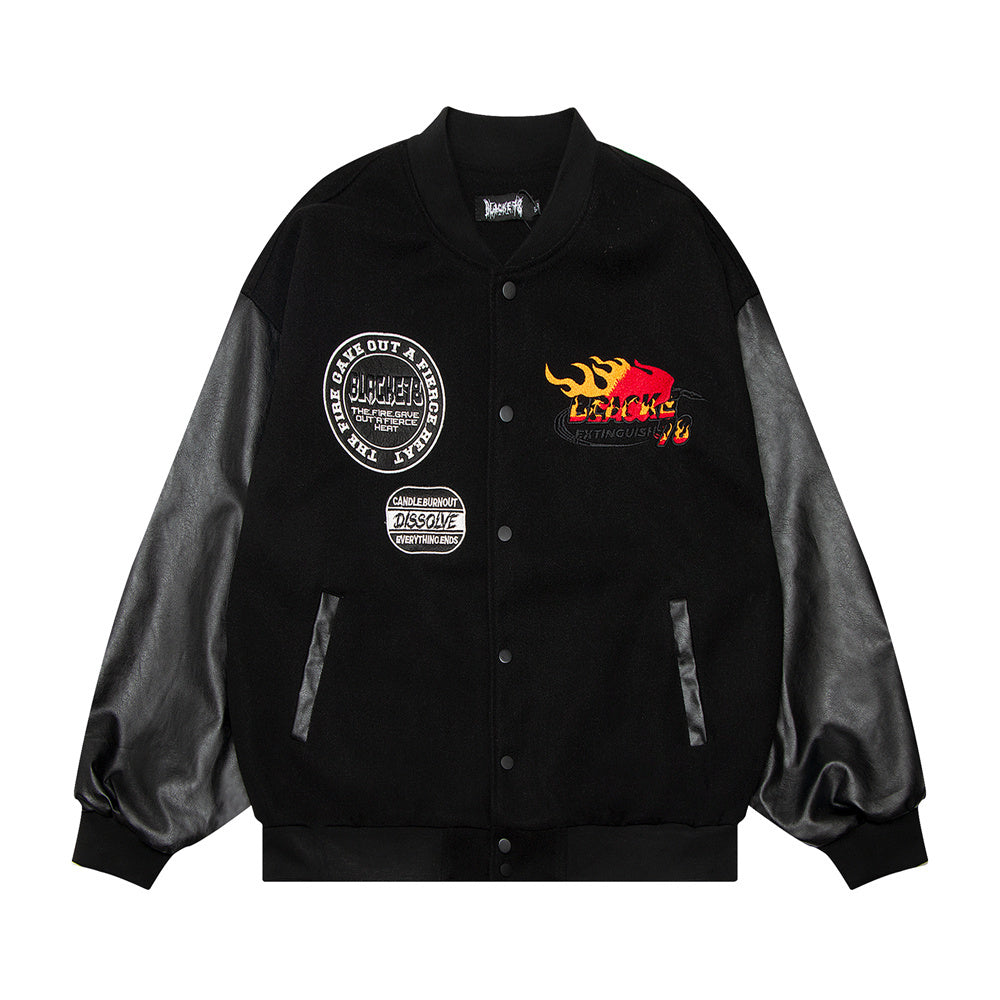 InfernoStitch Flame Embroidered Streetwear Varsity Jacket