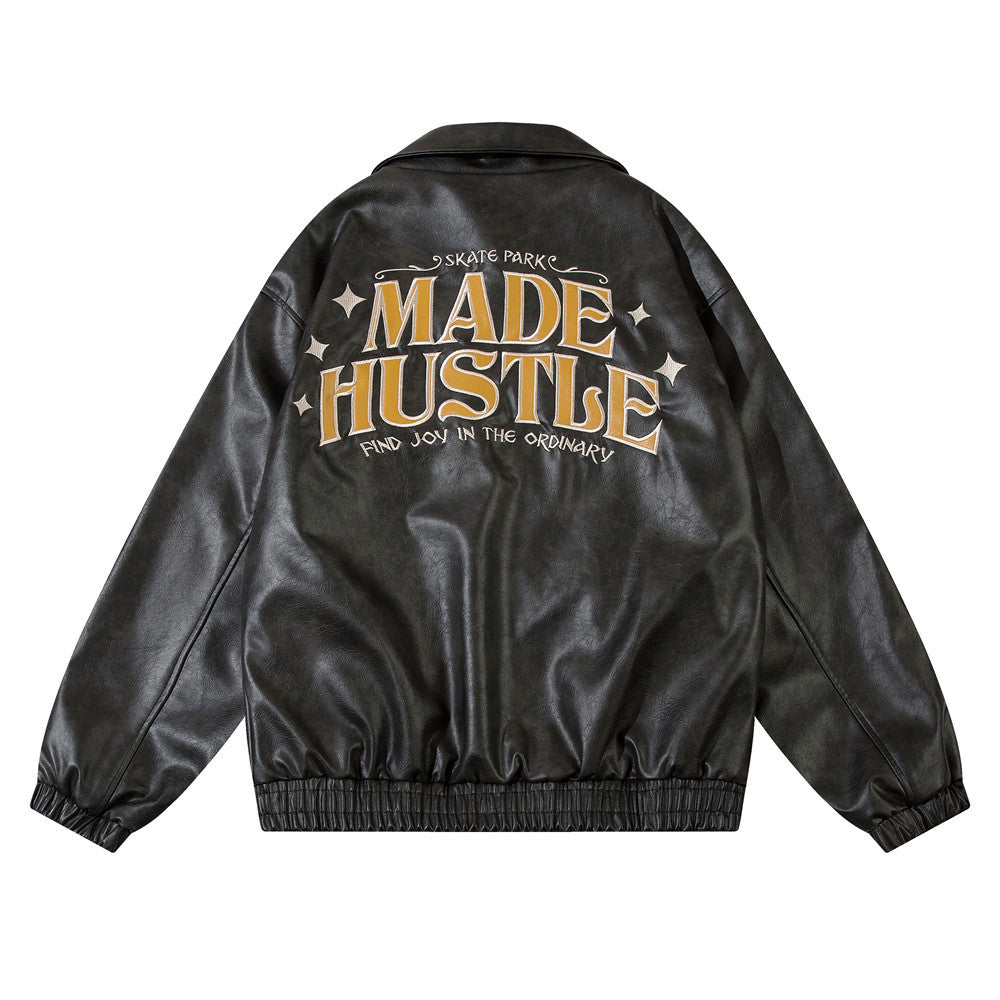 EuroAmer Embroidered Lapel Leather Coat