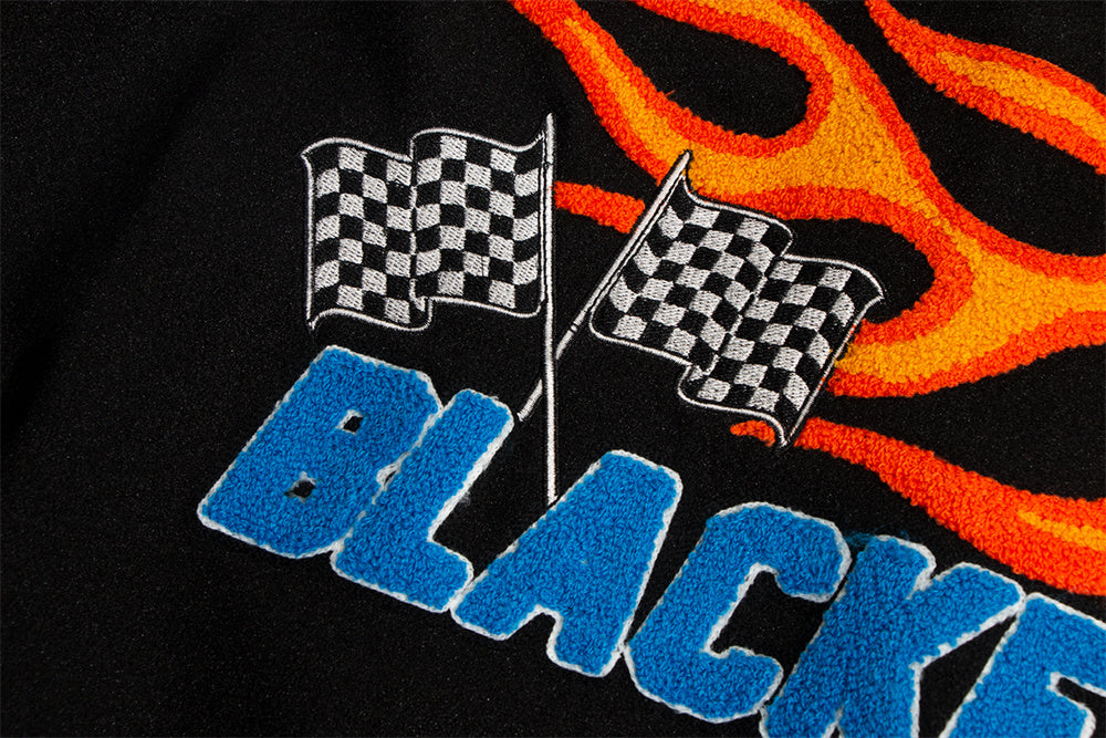InfernoStitch Flame Embroidered Streetwear Varsity Jacket