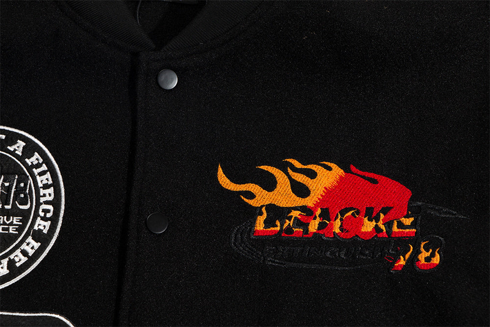 InfernoStitch Flame Embroidered Streetwear Varsity Jacket