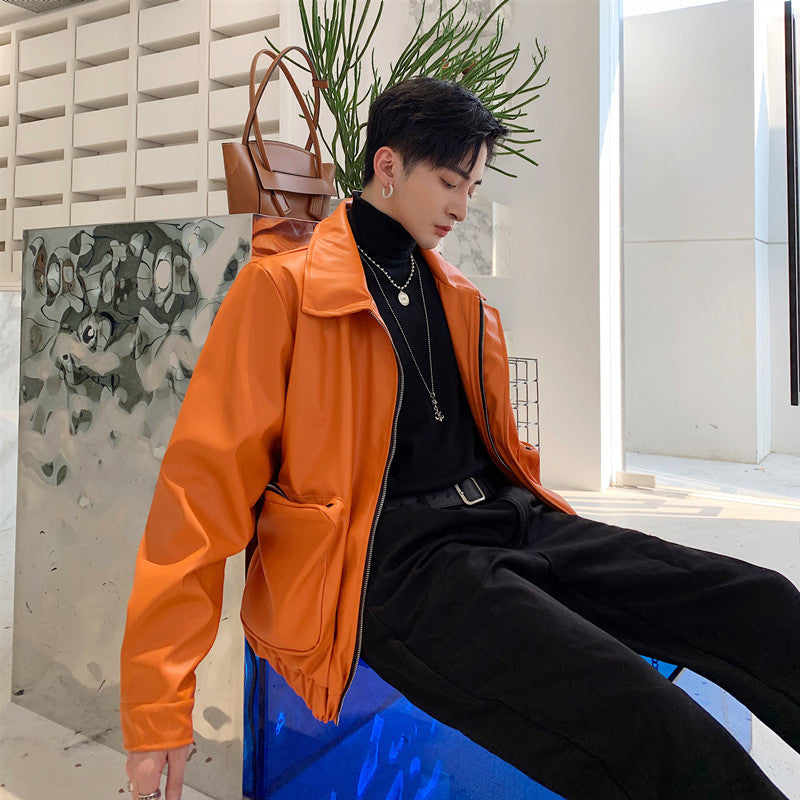 Orange Leather Utility Jacket