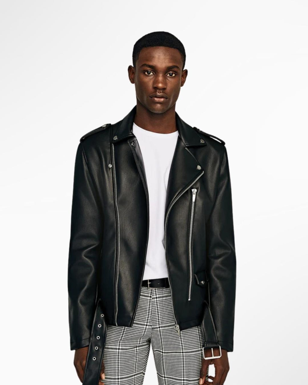 Small Lapel Belted Leather Motorcycle Jacket