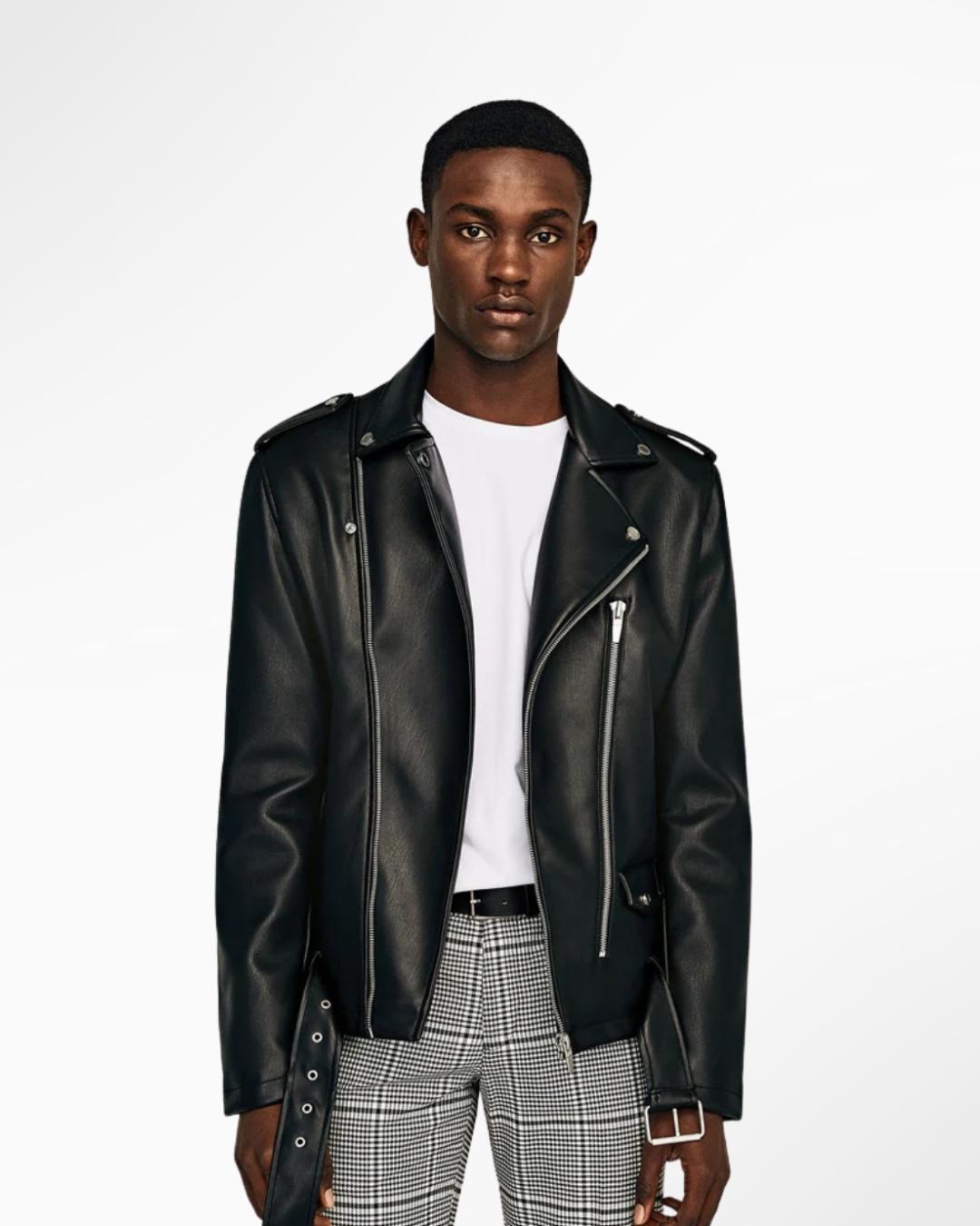 Small Lapel Belted Leather Motorcycle Jacket