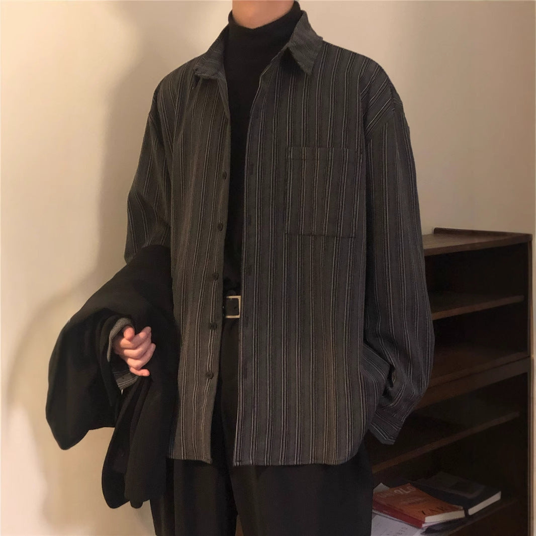 Men's Retro Loose-Fit Striped Long Sleeve Shirt