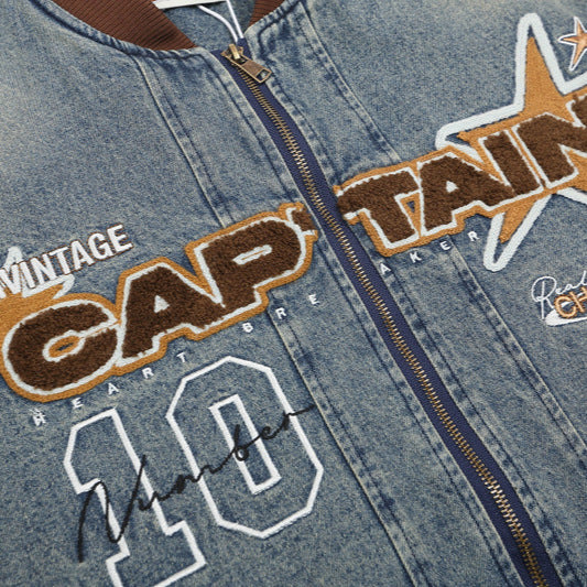 Embroidered Denim Baseball Jacket