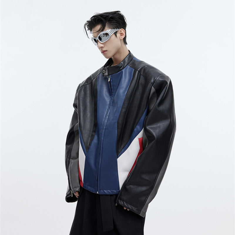 Color Spliced Leather Motorcycle Jacket