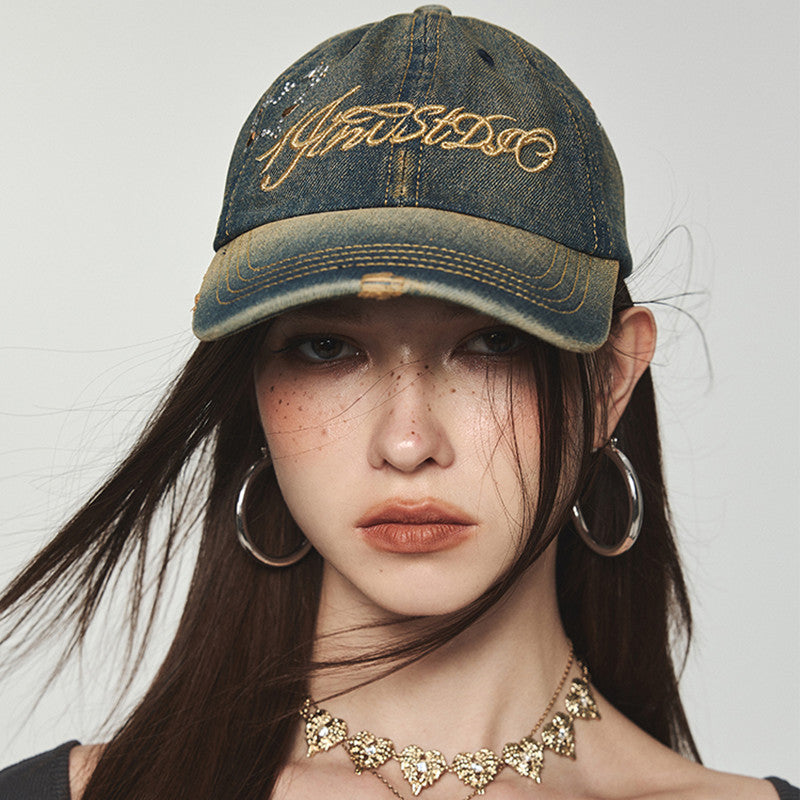Embroidered Retro Crystal Denim Cap
