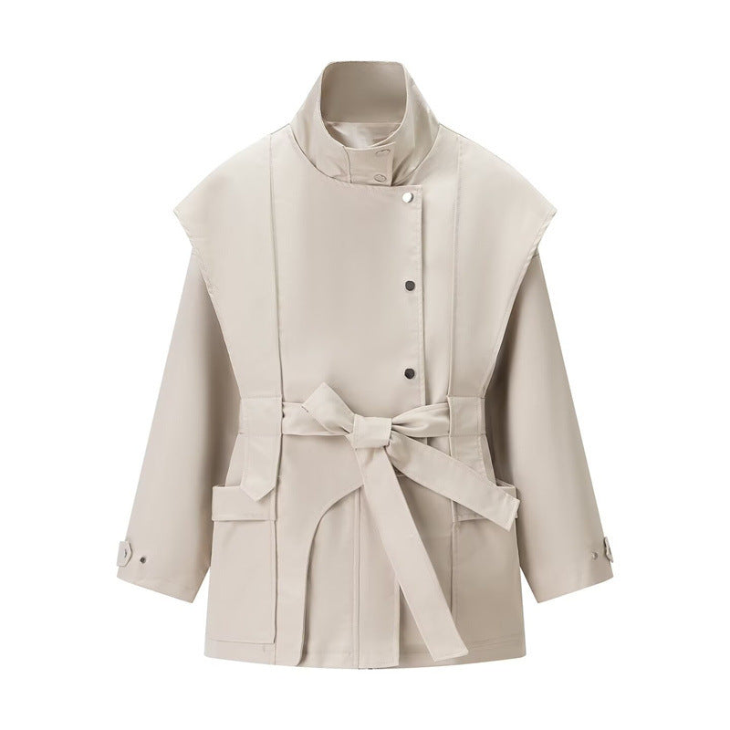 Elegant Stand-Collar Belted Trench Coat